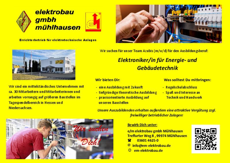 Stellenanzeige Elektroniker (m/w/d) für Energie- und Gebäudetechnik bei e/m elektrobau gmbh Mühlhausen