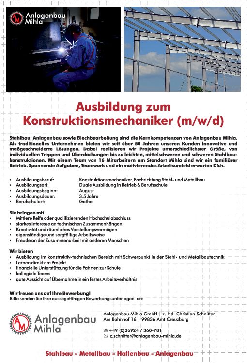 Stellenanzeige Konstruktionsmechaniker (m/w/d) bei Anlagenbau Mihla GmbH