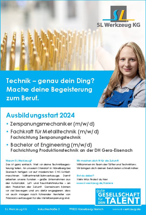 Stellenanzeige Bachelor of Engineering Produktionstechnik (DHGE Eisenach) - m/w/d bei SL Werkzeug KG
