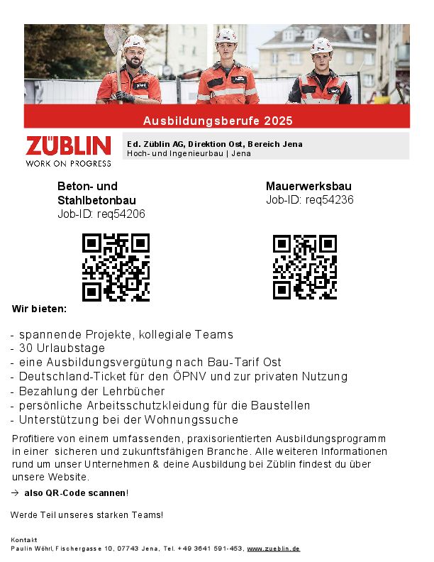 Stellenanzeige Beton-/ Stahlbetonbauer (m/w/d) bei Ed. Züblin AG Direktion Ost Bereich Jena