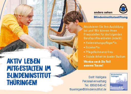 Stellenanzeige Bachelor of Arts Soziale Arbeit FR Soziale Dienste (DHGE Gera) - m/w/d bei Blindeninstitut Thüringen