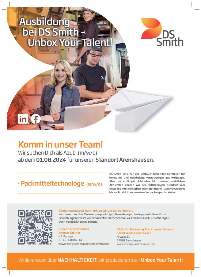 Stellenanzeige Packmitteltechnologe (m/w/d) bei DS Smith Packaging Arenshausen Mivepa GmbH Werk Arenshausen
