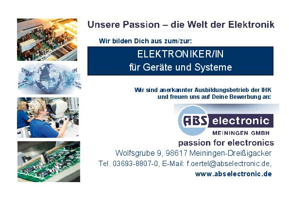 Stellenanzeige Elektroniker (m/w/d) für Geräte und Systeme bei ABS electronic Meiningen GmbH