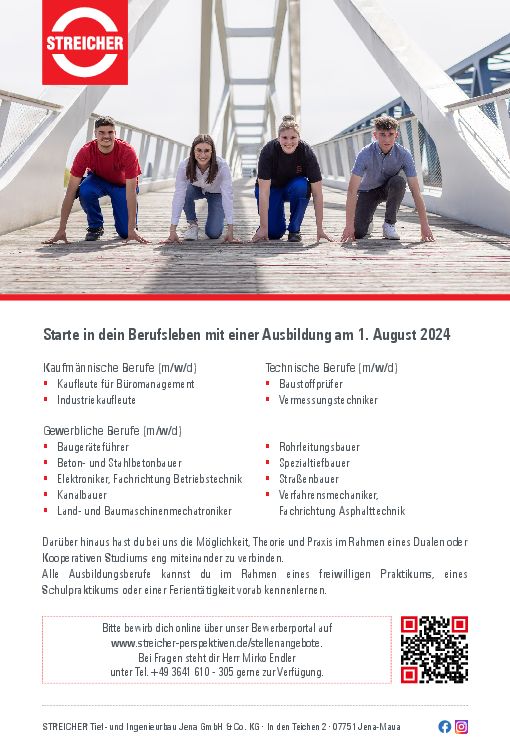 Stellenanzeige Beton-/ Stahlbetonbauer (m/w/d) bei STREICHER Tief- und Ingenieurbau Jena GmbH & Co. KG