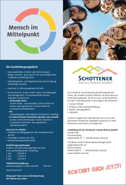 Stellenanzeige Erzieher (m/w/d) bei Schottener Soziale Dienste gemeinnützige GmbH
