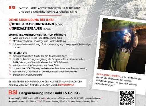 Stellenanzeige Berg- und Maschinenmann (m/w/d) bei BSI Bergsicherung Ilfeld GmbH & Co.KG