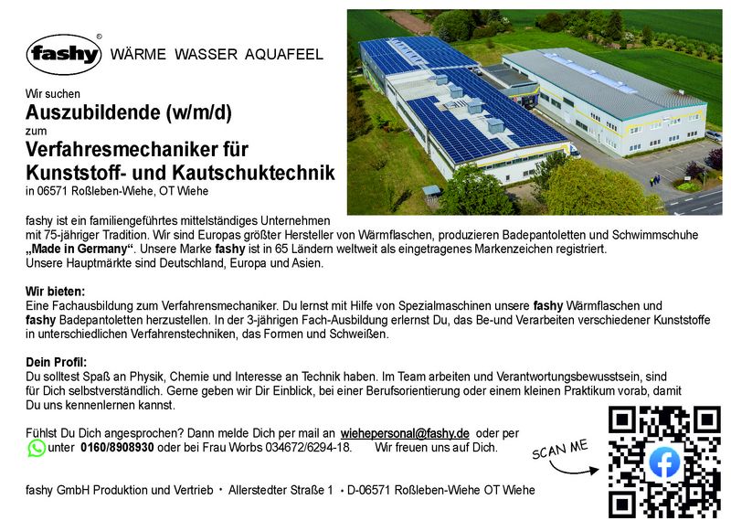Stellenanzeige Verfahrensmechaniker (m/w/d) für Kunststoff- & Kautschuktechnik bei Fashy GmbH, Produktion Wiehe
