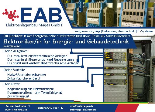 Stellenanzeige Elektroniker (m/w/d) für Energie- und Gebäudetechnik bei Elektroanlagenbau Mages GmbH