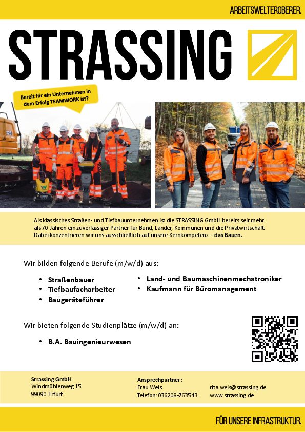 Stellenanzeige Bachelor of Engineering Bauingenieurwesen DUAL (FH Erfurt) - m/w/d bei Strassing GmbH
