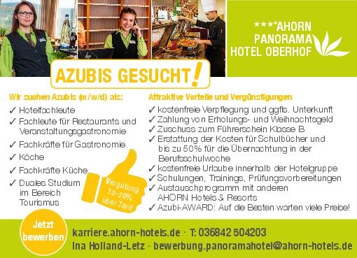 Stellenanzeige Bachelor of Arts Betriebswirtschaft FR Tourismusmanagement (DHGE Eisenach) - m/w/d bei AHORN Panorama Hotel Oberhof