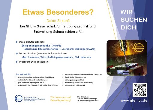 Stellenanzeige Präzisionswerkzeugmechaniker (m/w/d) bei GFE - Ges. für Fertigungstechnik und Entwicklung Schmalkalden e.V.