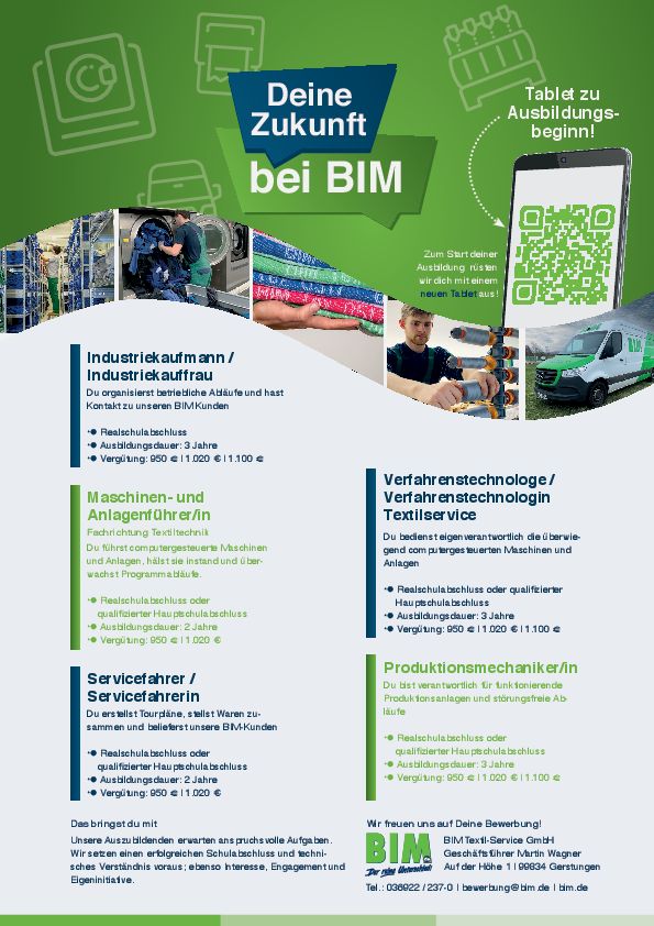 Stellenanzeige Maschinen- und Anlagenführer (m/w/d) bei BIM Textil-Service GmbH