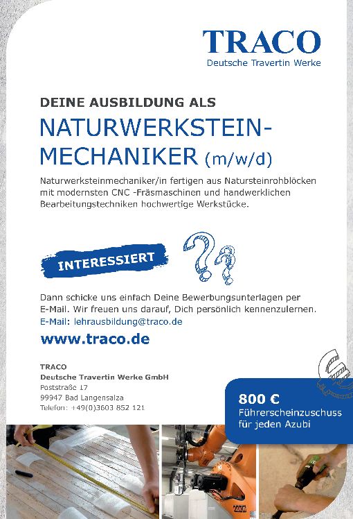 Stellenanzeige Naturwerksteinmechaniker (m/w/d) bei TRACO Deutsche Travertin Werke GmbH