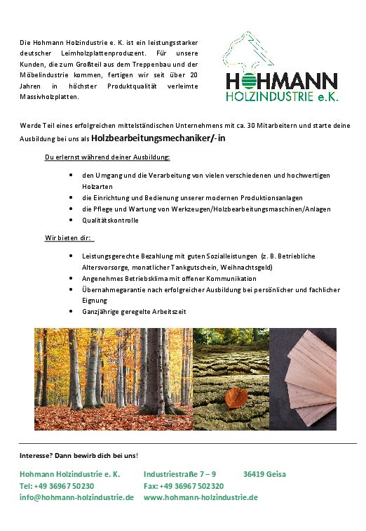 Stellenanzeige Holzbearbeitungsmechaniker (m/w/d) bei Hohmann Holzindustrie e.K.