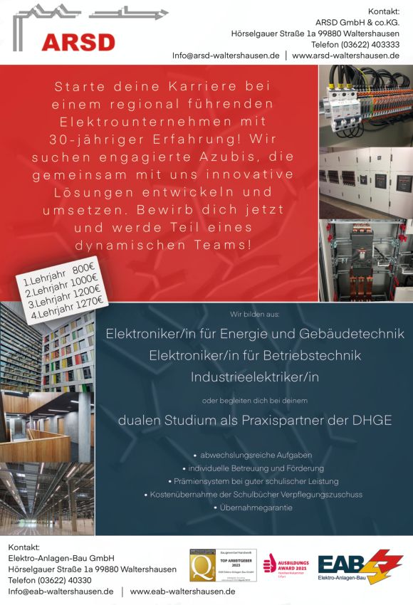 Stellenanzeige Bachelor of Engineering Elektrotechnik/Automatisierungstechnik  FR Industrielle Elektronik (DHGE Gera) - m/w/d bei ARSD GmbH & Co. KG