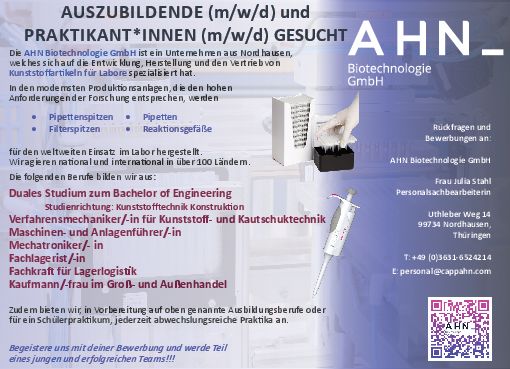Stellenanzeige Bachelor of Engineering Kunststofftechnik   (DHGE Eisenach) - m/w/d bei AHN  Biotechnologie GmbH