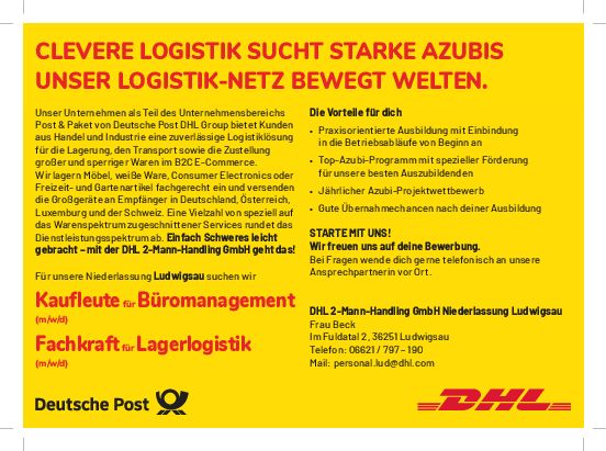 Stellenanzeige Kaufmann (m/w/d) für Büromanagement bei DHL 2-Mann-Handling GmbH Niederlassung Ludwigsau