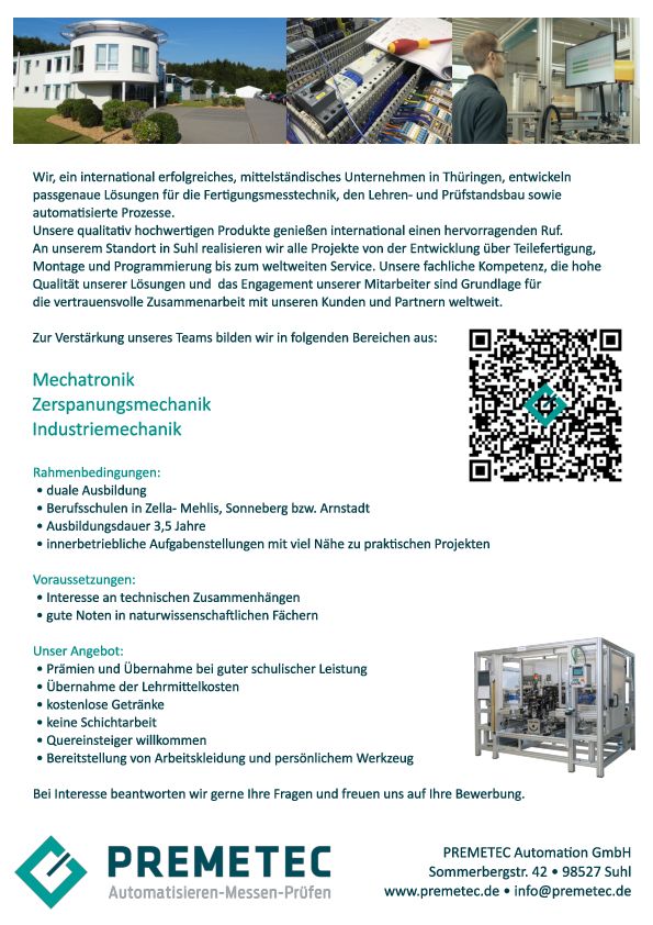 Stellenanzeige Mechatroniker (m/w/d) bei PREMETEC Automation GmbH