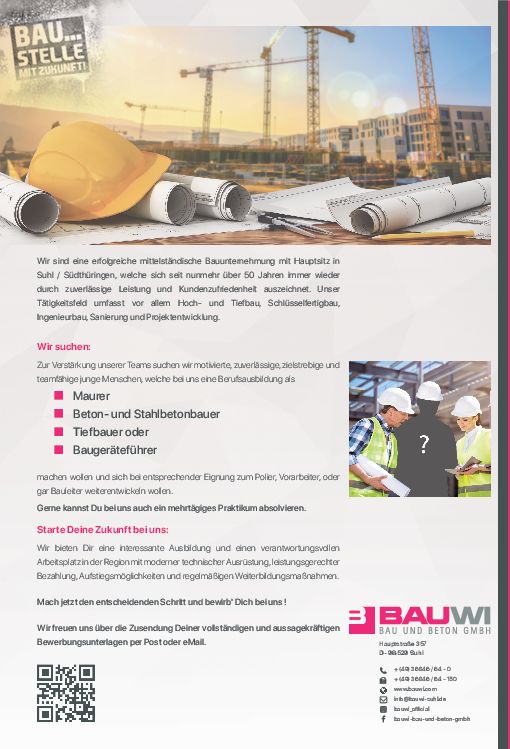 Stellenanzeige Maurer (m/w/d) bei BAUWI Bau und Beton GmbH