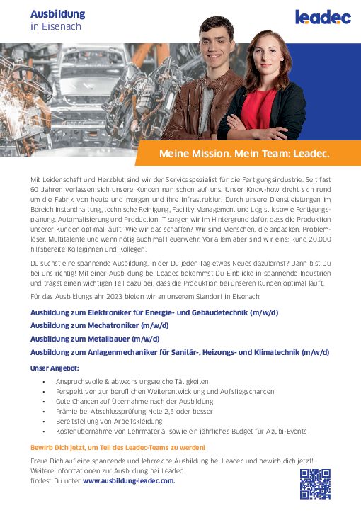 Stellenanzeige Anlagenmechaniker Sanitär-, Heizungs- und Klimatechnik (m/w/d) bei Leadec BV & Co. KG Niederlassung Eisenach