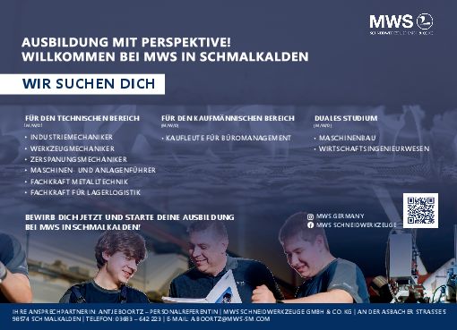 Stellenanzeige Bachelor of Engineering Maschinenbau (Hochschule Schmalkalden) - m/w/d bei MWS Schneidwerkzeuge GmbH & Co. KG