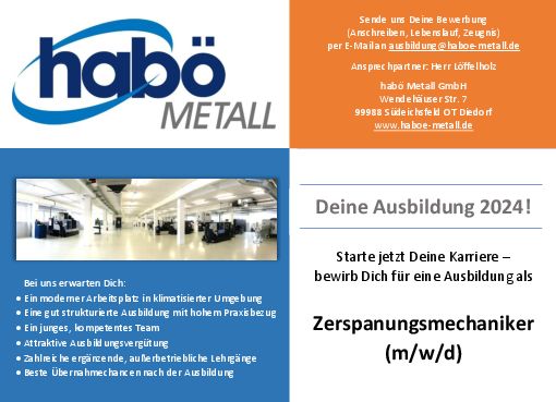 Stellenanzeige Zerspanungsmechaniker (m/w/d) bei habö Metall GmbH