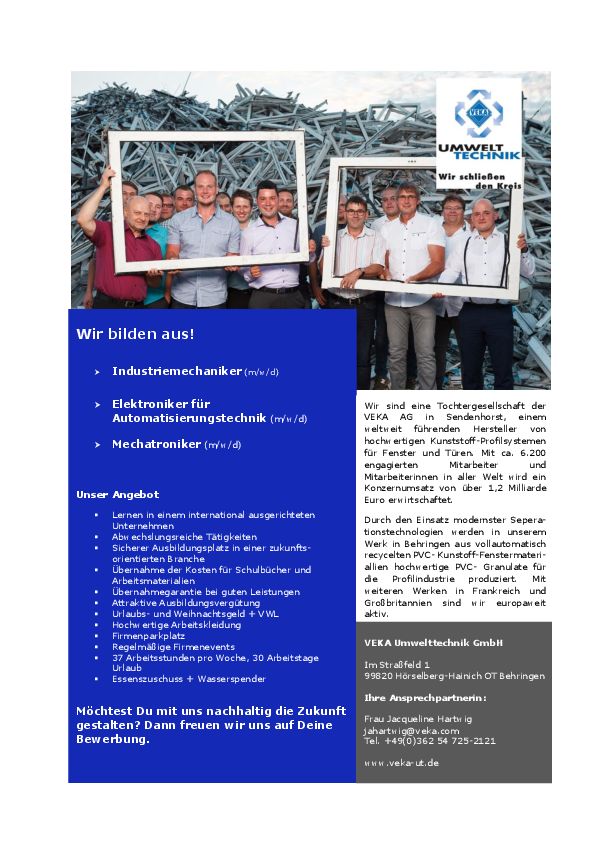 Stellenanzeige Mechatroniker (m/w/d) bei VEKA Umwelttechnik GmbH