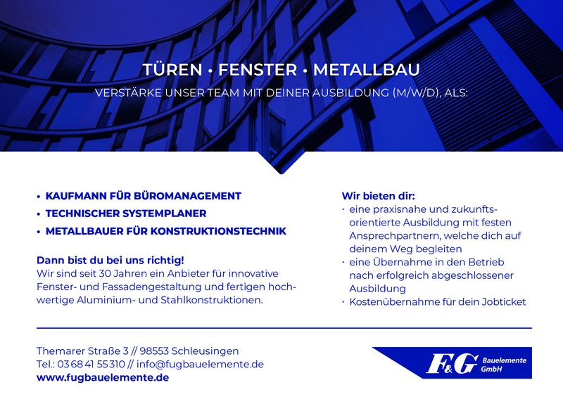 Stellenanzeige Kaufmann (m/w/d) für Büromanagement bei F&G Bauelemente GmbH