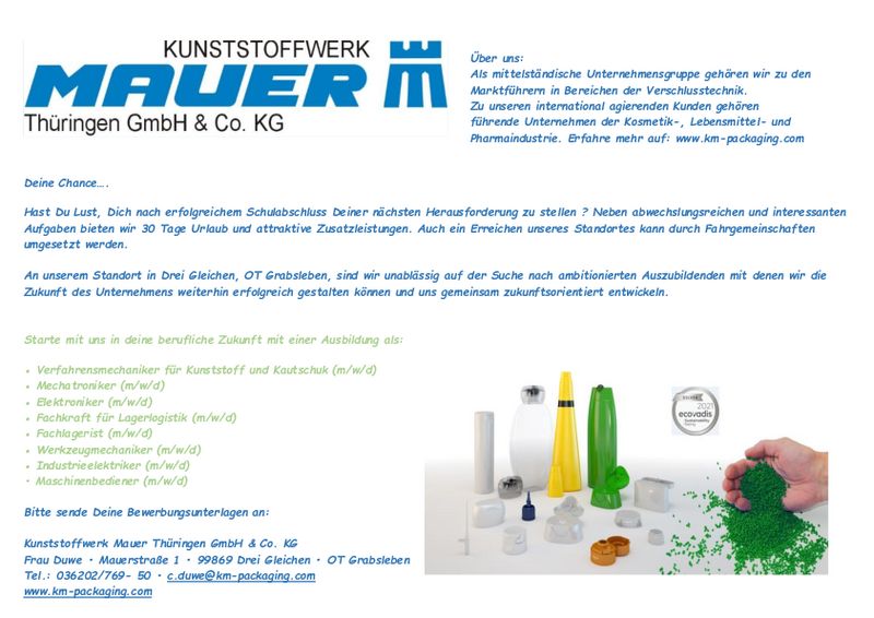 Stellenanzeige Mechatroniker (m/w/d) bei KUNSTSTOFFWERK MAUER  Thüringen GmbH & Co. KG