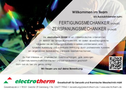 Stellenanzeige Fertigungsmechaniker (m/w/d) bei electrotherm Gesellschaft für Sensorik und thermische Messtechnik mbH