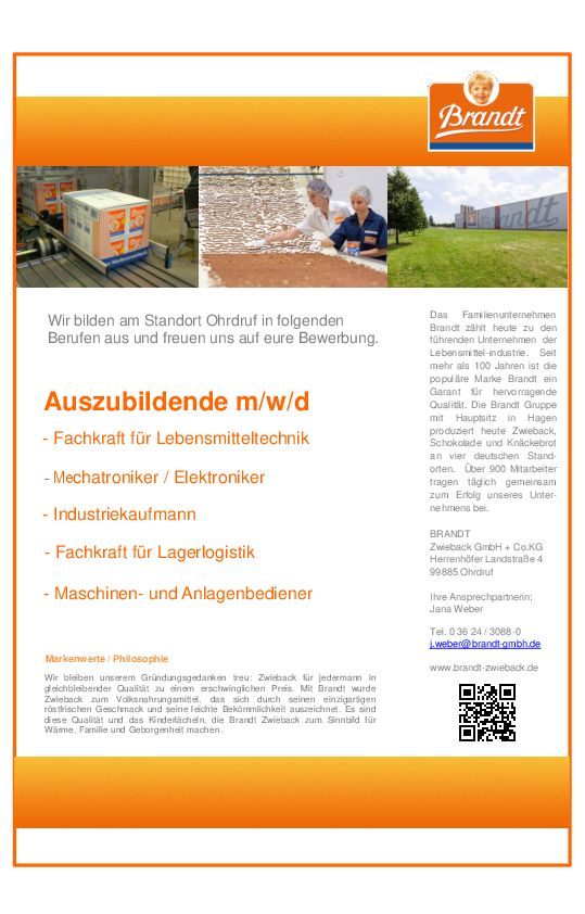 Stellenanzeige Fachkraft (m/w/d) für Lebensmitteltechnik bei Brandt Zwieback GmbH + Co.KG