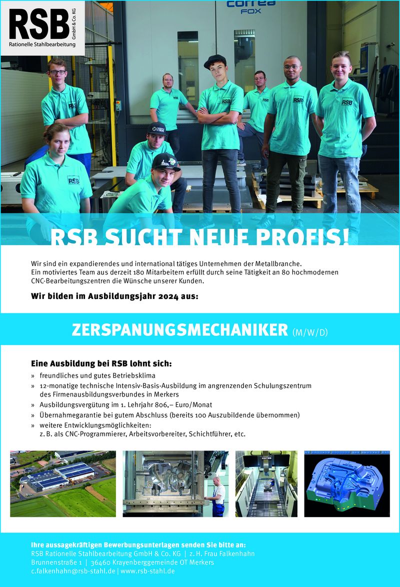 Stellenanzeige Zerspanungsmechaniker (m/w/d) bei RSB Rationelle Stahlbearbeitung GmbH & Co. KG