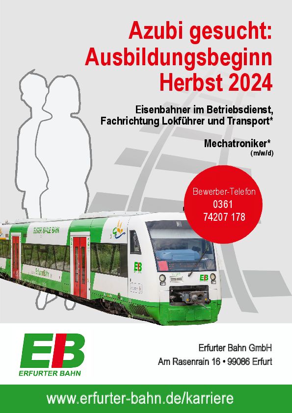 Stellenanzeige Eisenbahner (m/w/d) im Betriebsdienst FR Lokführer (m/w/d) und Transport bei Erfurter Bahn GmbH