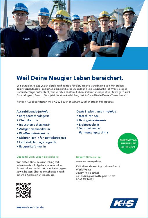 Stellenanzeige Bergbautechnologe (m/w/d) bei K+S Minerals und Agriculture GmbH Werk Werra