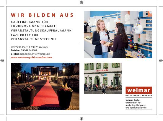 Stellenanzeige Kaufmann (m/w/d) für Tourismus und Freizeit bei weimar GmbH - Gesellschaft für Marketing, Kongress- und Tourismusservice