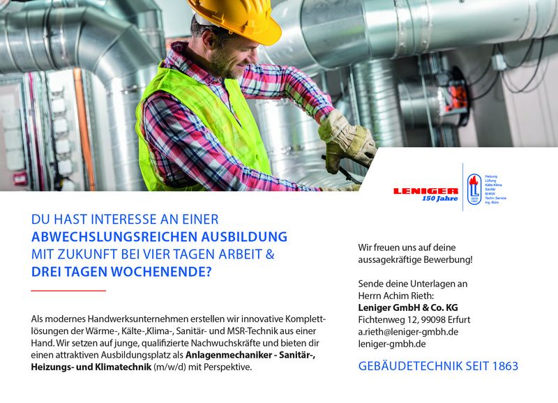 Stellenanzeige Anlagenmechaniker Sanitär-, Heizungs- und Klimatechnik (m/w/d) bei Leniger GmbH & Co.KG