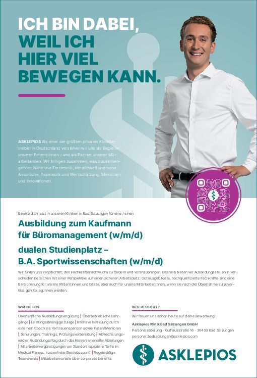 Stellenanzeige Bachelor of Arts (m/w/d) Sportwissenschaften (dba Baunatal) bei Asklepios Kliniken Bad Salzungen GmbH