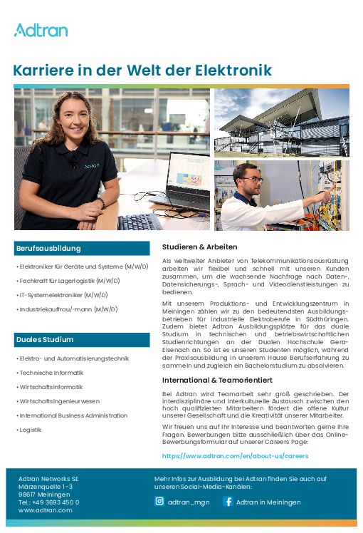 Stellenanzeige Bachelor of Engineering Elektrotechnik/Automatisierungstechnik  FR Prozessautomation (DHGE Gera) - m/w/d bei Adtran Networks SE