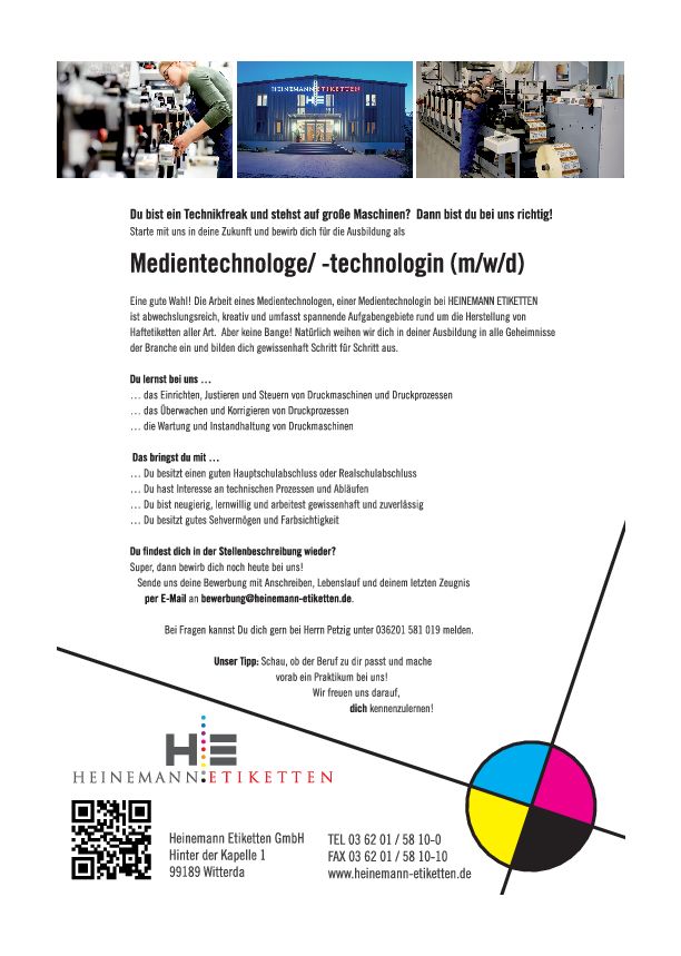 Stellenanzeige Medientechnologe (m/w/d) Druck bei Heinemann Etiketten GmbH