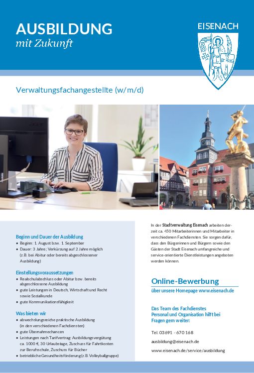 Stellenanzeige Verwaltungsfachangestellter (m/w/d) bei Stadtverwaltung Eisenach