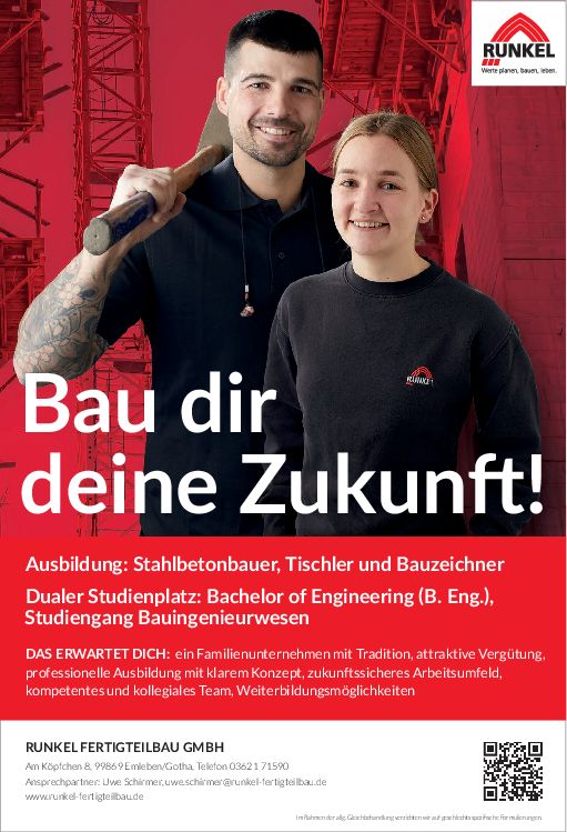 Stellenanzeige Bachelor of Engineering Bauingenieurwesen DUAL (FH Erfurt) - m/w/d bei Runkel Fertigteilbau GmbH