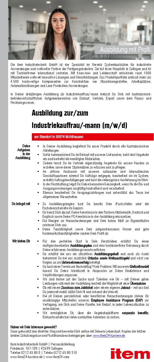 Stellenanzeige Industriekaufmann (m/w/d) bei item Industrietechnik GmbH