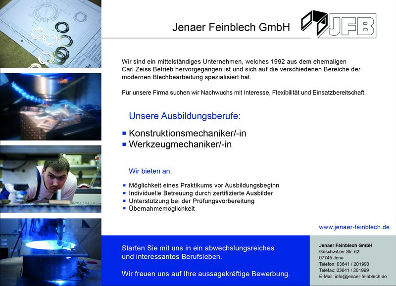 Stellenanzeige Werkzeugmechaniker (m/w/d) bei Jenaer Feinblech GmbH