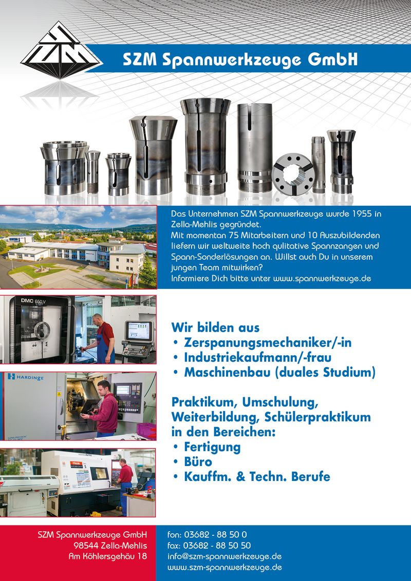Stellenanzeige Berufsausbildungsintegriertes Studium (BISS) | Maschinenbau Duales Studium im Bereich Maschinenbau (FH Schmalkalden/ BS Zella-Mehlis) bei SZM Spannwerkzeuge GmbH