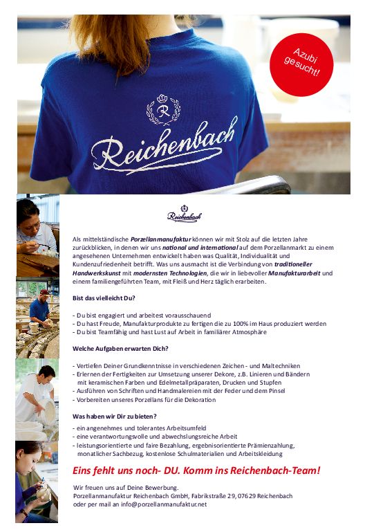 Stellenanzeige Industriekeramiker (m/w/d) bei Porzellanmanufaktur Reichenbach GmbH