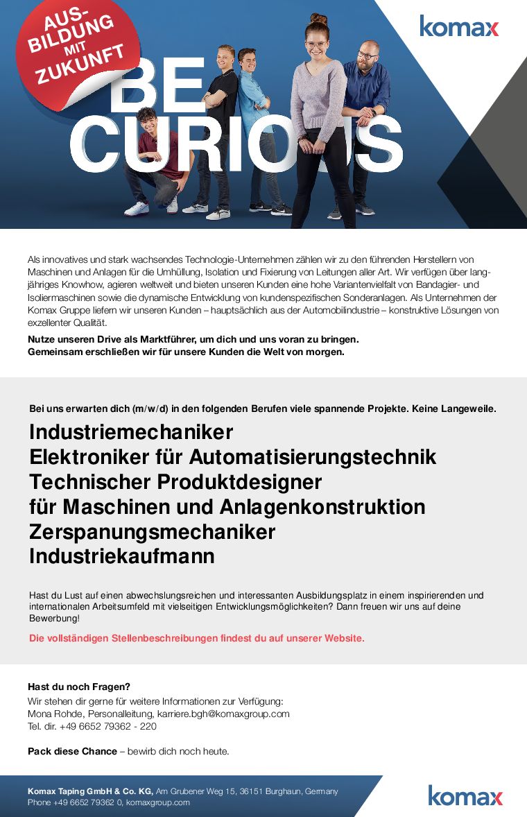 Stellenanzeige Zerspanungsmechaniker (m/w/d) bei Komax Taping GmbH & Co. KG