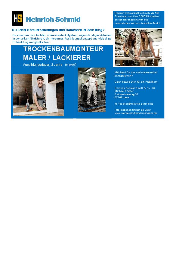Stellenanzeige Maler (m/w/d) und Lackierer (m/w/d) bei Heinrich Schmid GmbH & Co. KG