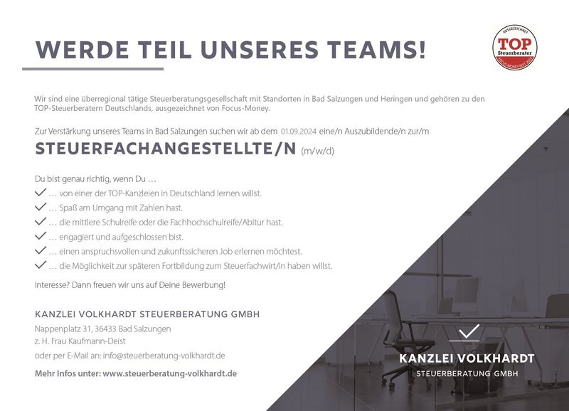 Stellenanzeige Steuerfachangestellter (m/w/d) bei Kanzlei Volkhardt Steuerberatung GmbH