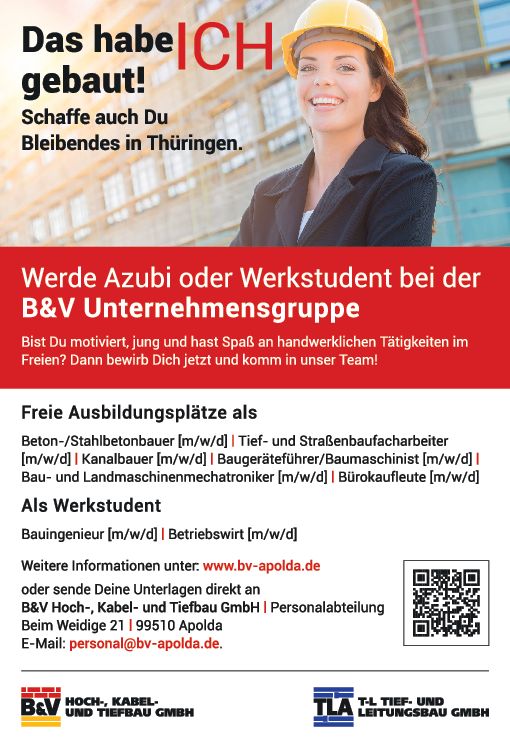 Stellenanzeige Bachelor of Arts Betriebswirtschaft FR Mittelständische Industrie (DHGE Eisenach) - m/w/d bei B&V Hoch-, Kabel- und Tiefbau GmbH