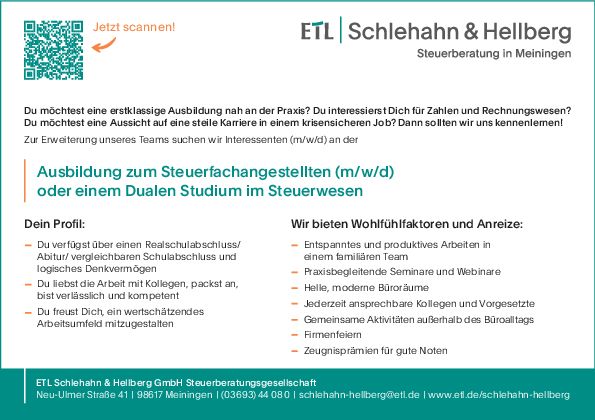Stellenanzeige Bachelor of Arts (m/w/d) BWL Steuern & Wirtschaftsprüfung (iba Erfurt) bei ETL Schlehahn & Hellberg GmbH Steuerberatungsgesellschaft